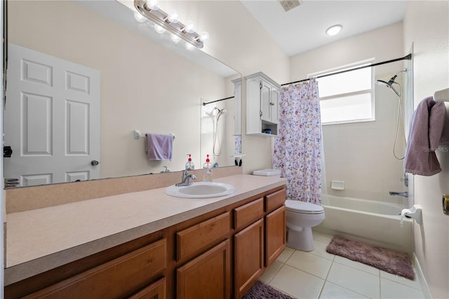 full bathroom featuring shower / bath combination with curtain, vanity, toilet, and tile patterned flooring