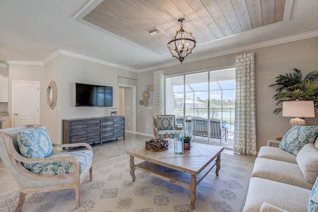 living room with a notable chandelier, crown molding, and wooden ceiling