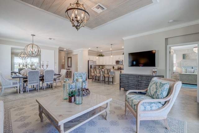 living room with crown molding, wooden ceiling, and a notable chandelier