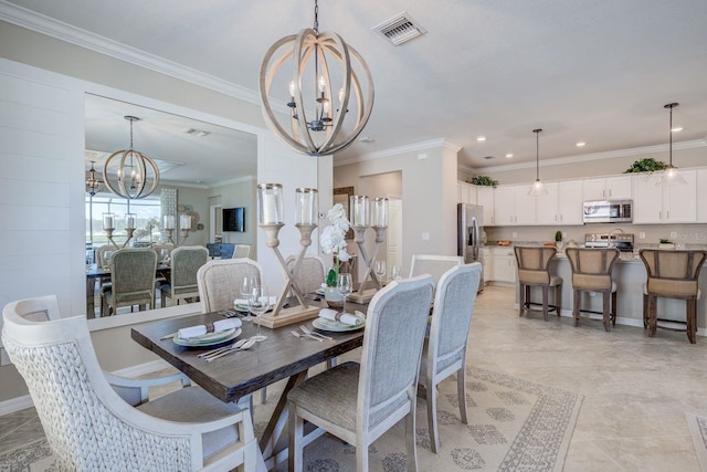 dining area with an inviting chandelier, crown molding, and light tile patterned flooring