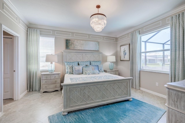 bedroom featuring light tile patterned flooring and a chandelier