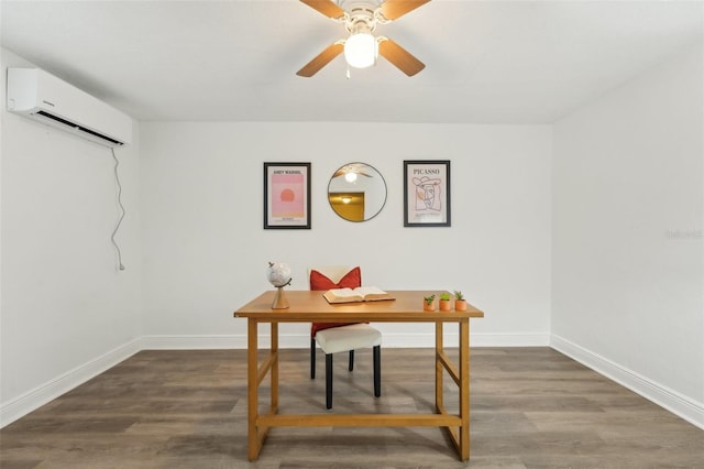 office area with ceiling fan, dark wood-type flooring, and a wall unit AC