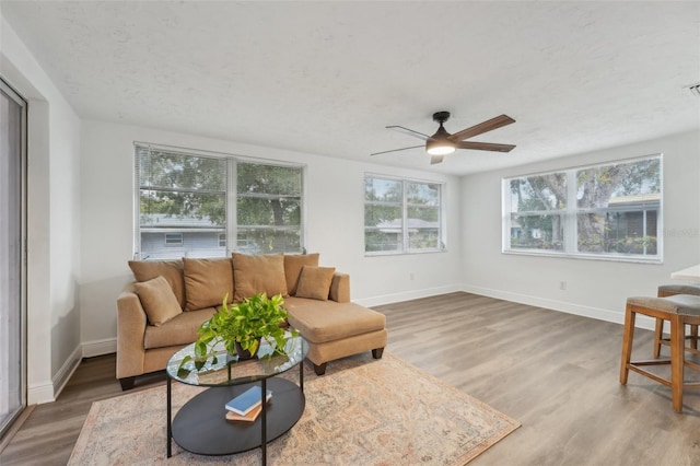 living room with hardwood / wood-style flooring, a textured ceiling, ceiling fan, and a healthy amount of sunlight