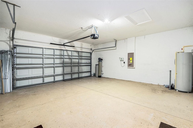 garage featuring electric panel, water heater, and a garage door opener