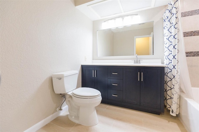 full bathroom featuring toilet, vanity, tile patterned floors, and shower / tub combo with curtain