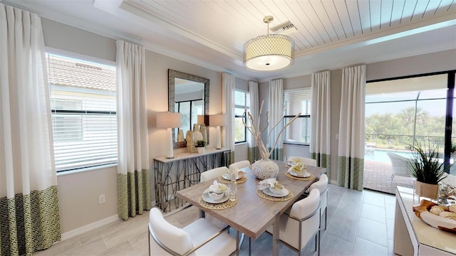 dining area with a tray ceiling, wood ceiling, and ornamental molding