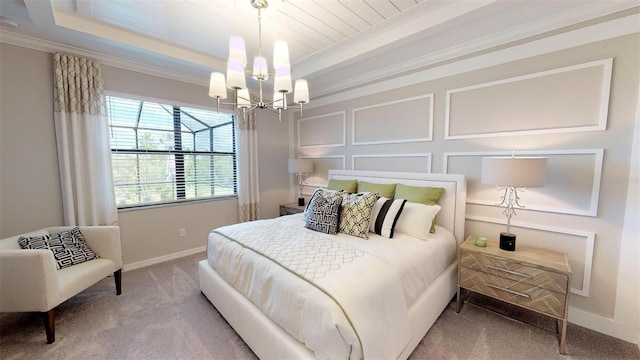 bedroom with crown molding, carpet floors, and a notable chandelier