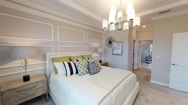 bedroom featuring an inviting chandelier, ornamental molding, carpet flooring, and beamed ceiling