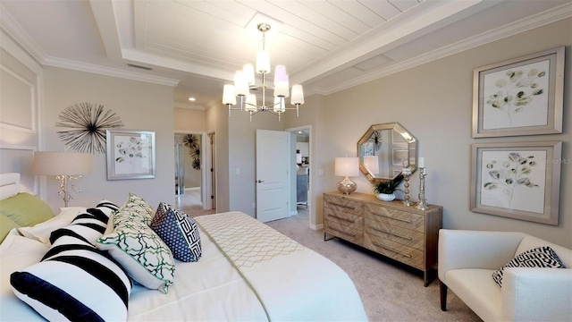 bedroom with a notable chandelier, ornamental molding, and light colored carpet