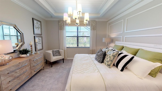 bedroom featuring light colored carpet, a tray ceiling, a chandelier, and multiple windows