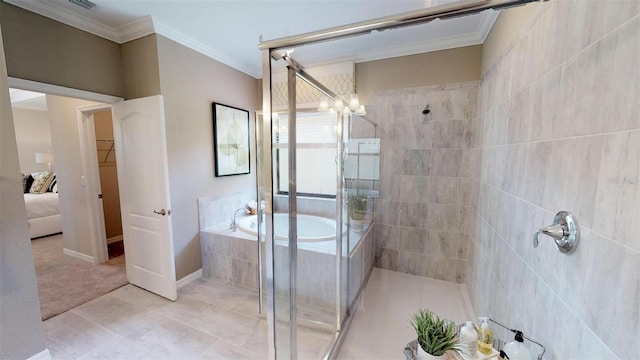 bathroom with shower with separate bathtub, ornamental molding, tile patterned floors, and an inviting chandelier