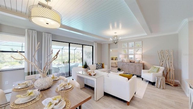 living room featuring crown molding, wooden ceiling, and a notable chandelier