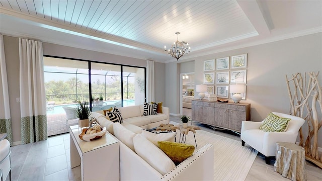 living room featuring crown molding, light tile patterned floors, and a notable chandelier