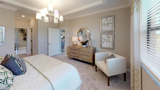 bedroom with crown molding, light carpet, and a chandelier