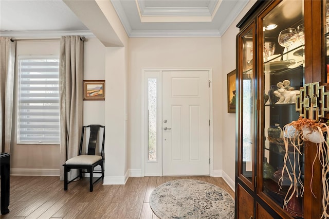 entrance foyer with crown molding, a raised ceiling, and hardwood / wood-style flooring