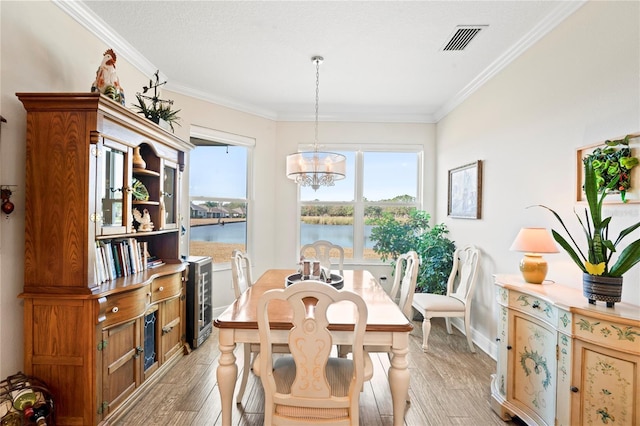 dining room featuring a water view, a healthy amount of sunlight, a notable chandelier, and light hardwood / wood-style flooring