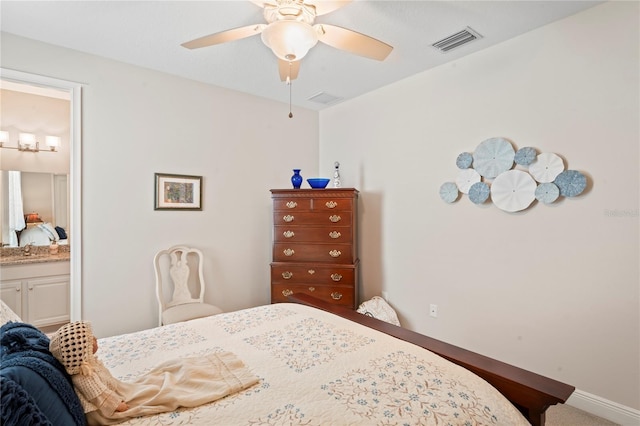 bedroom featuring connected bathroom and ceiling fan