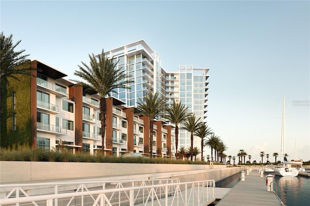 view of building exterior with a water view