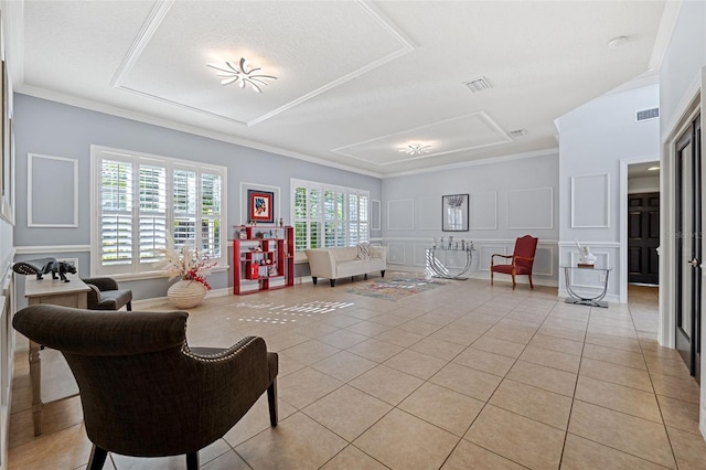 tiled living room with crown molding