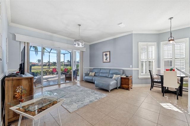 tiled living room with crown molding