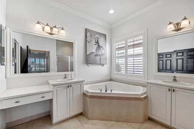 bathroom featuring vanity, crown molding, tile patterned floors, and independent shower and bath