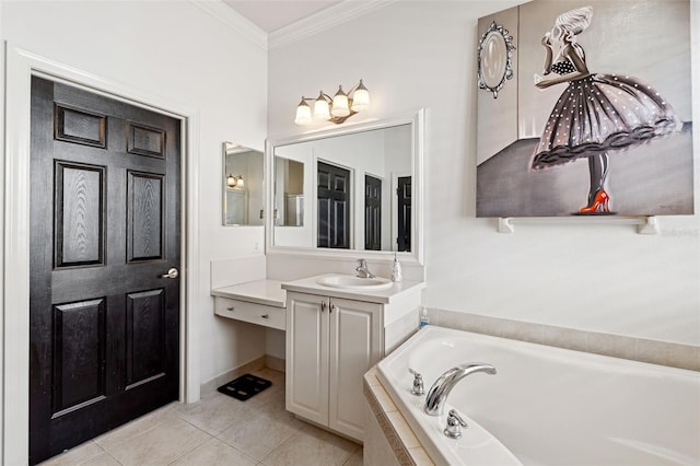 bathroom featuring vanity, tiled tub, tile patterned floors, and ornamental molding