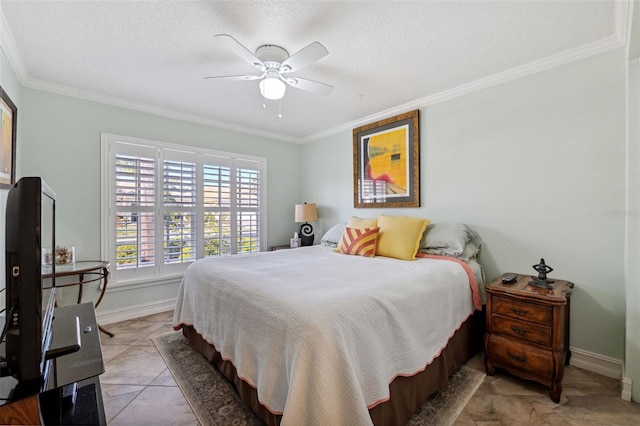 bedroom with crown molding, ceiling fan, and a textured ceiling