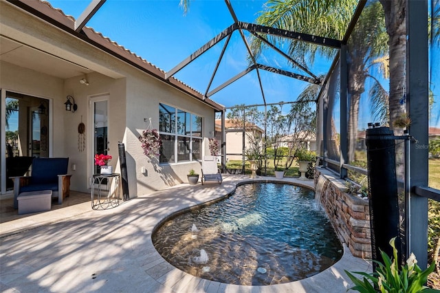 view of swimming pool featuring a lanai, a patio, and pool water feature