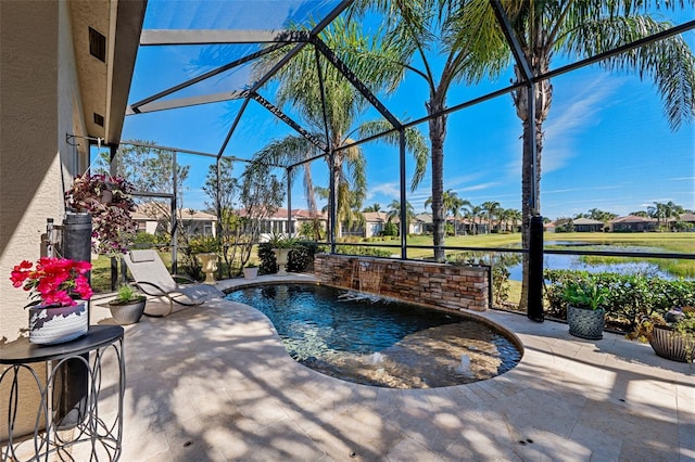 view of swimming pool with a water view, pool water feature, a lanai, and a patio