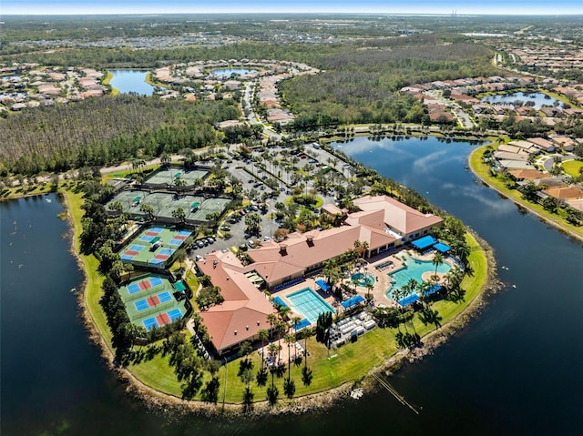 aerial view featuring a water view