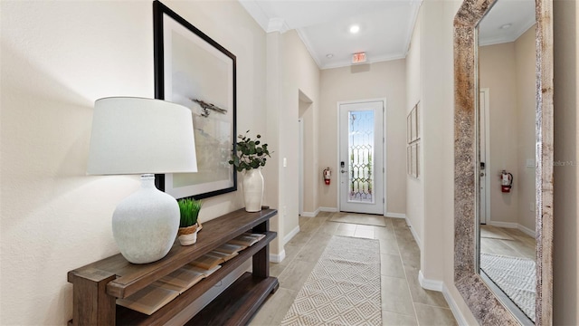 doorway to outside with crown molding