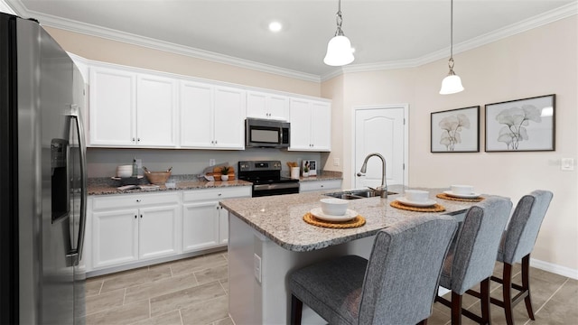 kitchen featuring stainless steel refrigerator with ice dispenser, white cabinetry, sink, and electric range oven