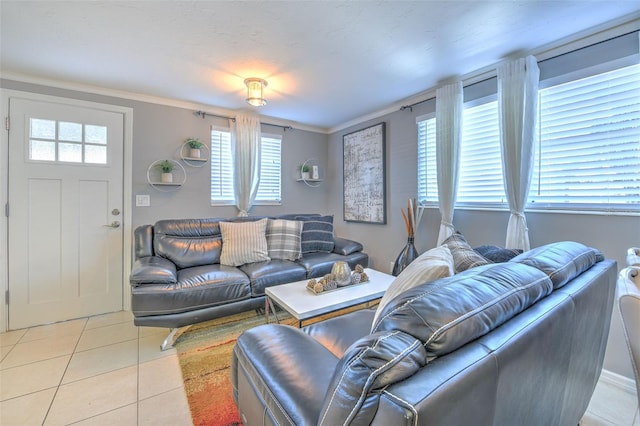 living room with light tile patterned floors and crown molding