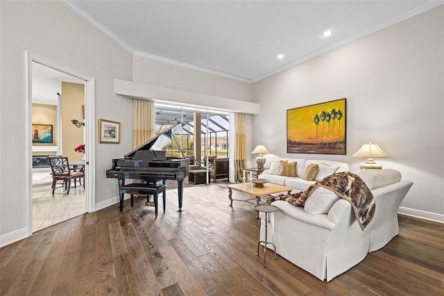 living room with crown molding and dark hardwood / wood-style floors