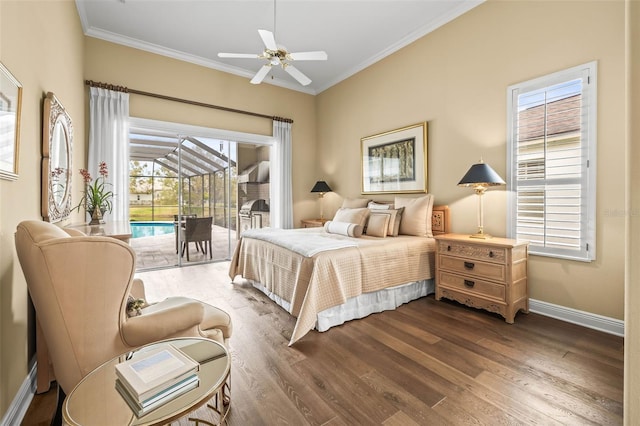 bedroom featuring crown molding, hardwood / wood-style floors, multiple windows, and access to outside