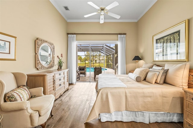 bedroom featuring ceiling fan, access to outside, ornamental molding, and wood-type flooring