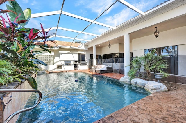 view of pool with a lanai, an outdoor living space, and a patio