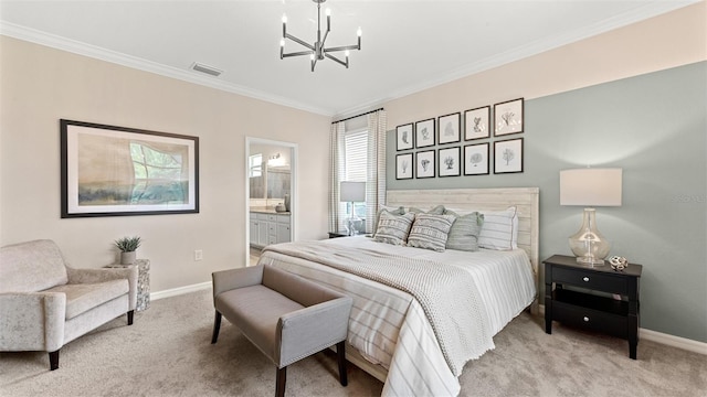 carpeted bedroom featuring ornamental molding, connected bathroom, and a chandelier