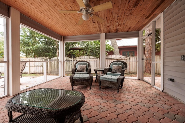 sunroom featuring ceiling fan and wood ceiling