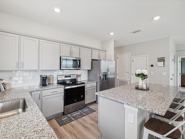 kitchen featuring a center island, a kitchen bar, stainless steel appliances, decorative backsplash, and sink