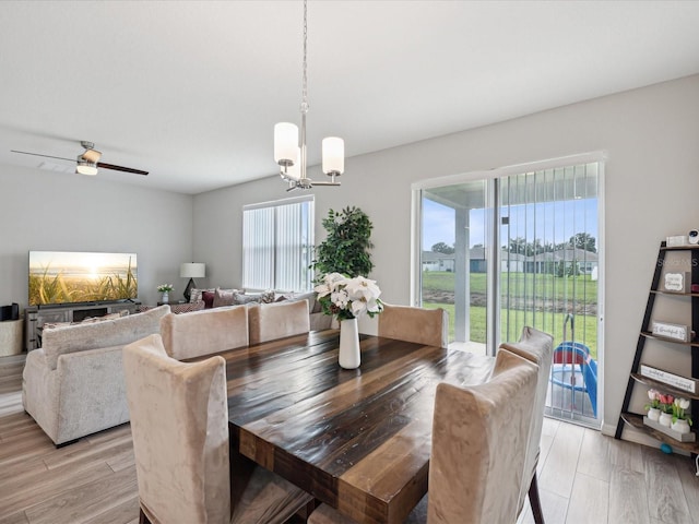 dining area with ceiling fan with notable chandelier and light hardwood / wood-style floors