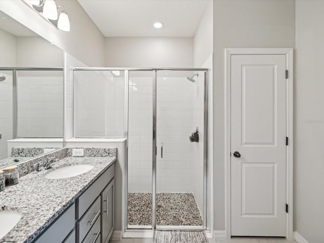 bathroom featuring an enclosed shower and vanity