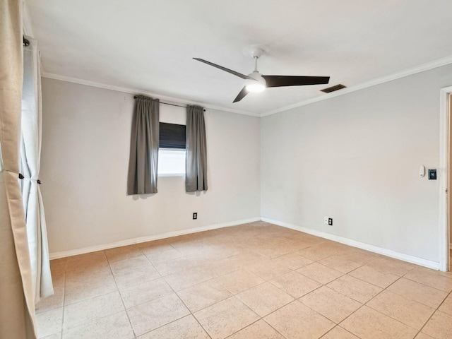 tiled spare room featuring ceiling fan and ornamental molding