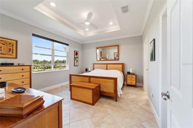 bedroom with crown molding, ceiling fan, and a raised ceiling