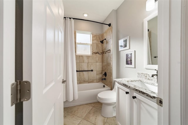 full bathroom with toilet, shower / bath combination with curtain, tile patterned floors, and vanity