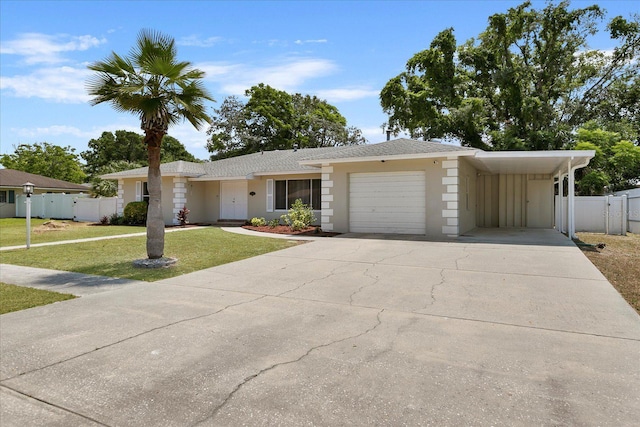 ranch-style home featuring a garage and a front yard