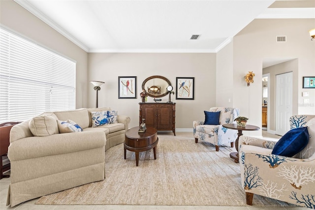 living room with crown molding