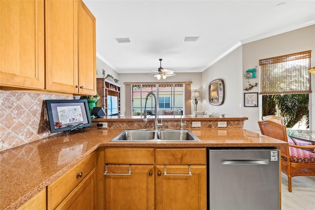 kitchen featuring sink, crown molding, decorative backsplash, stainless steel dishwasher, and kitchen peninsula