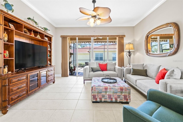 tiled living room featuring ornamental molding and ceiling fan