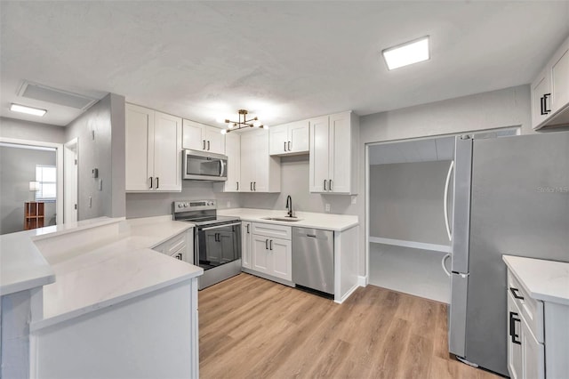 kitchen with kitchen peninsula, appliances with stainless steel finishes, white cabinetry, and sink